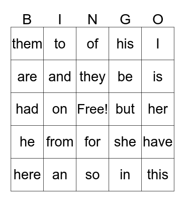 Sight-Reading Words Bingo Card