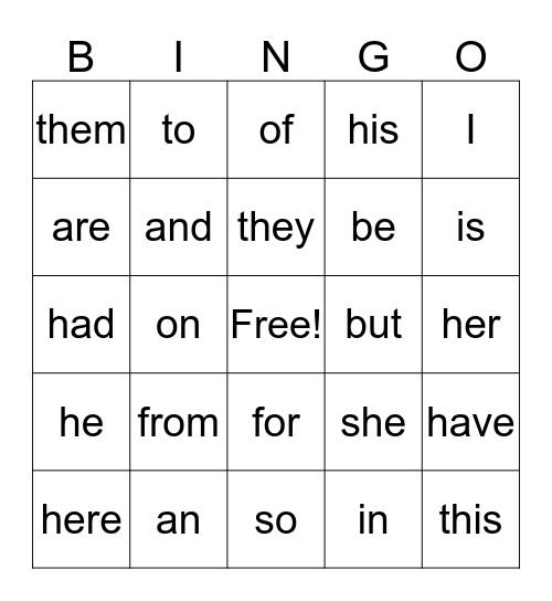 Sight-Reading Words Bingo Card