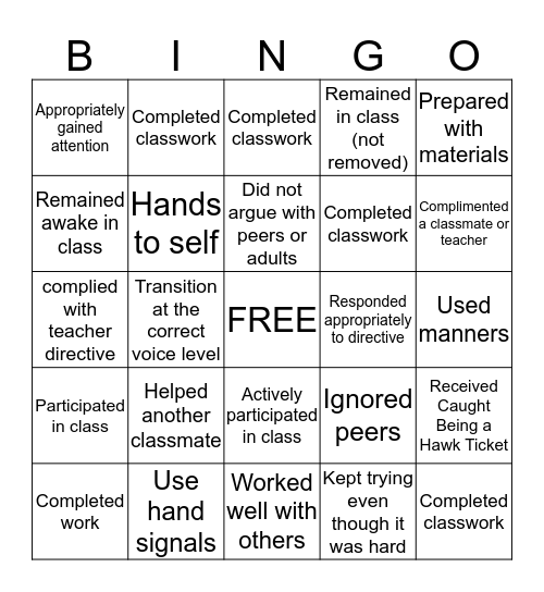 Behavior BINGO! Bingo Card
