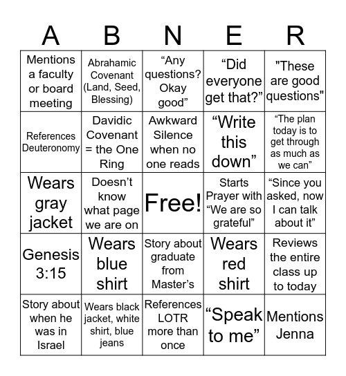 Yell "Abner" to win! Bingo Card