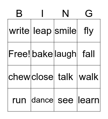 Verb Bingp Bingo Card