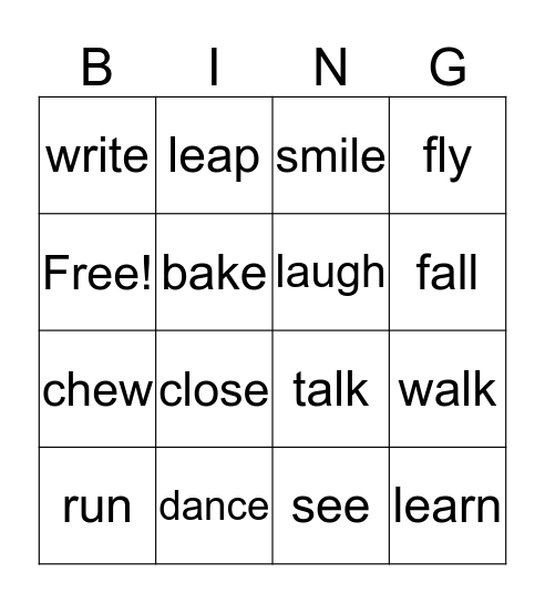 Verb Bingp Bingo Card