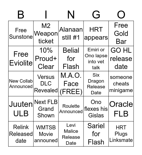 Granfest Bingo Card