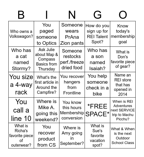 Monday REI Bingo Card