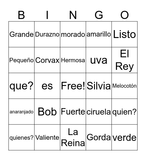 Muzzy 1.1 Vocabulario Bingo Card