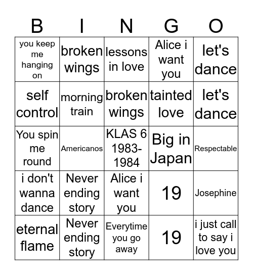 Jaren 80 Muziekbingo Card