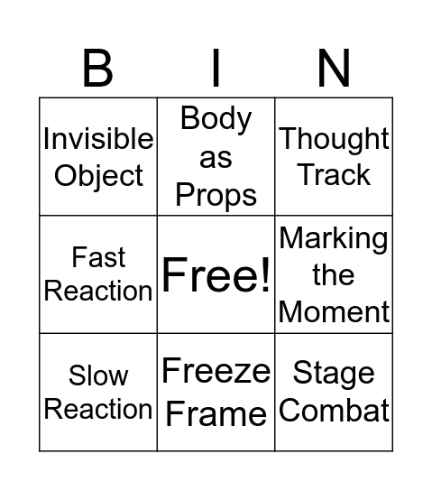 Year 7 Drama Bingo Card