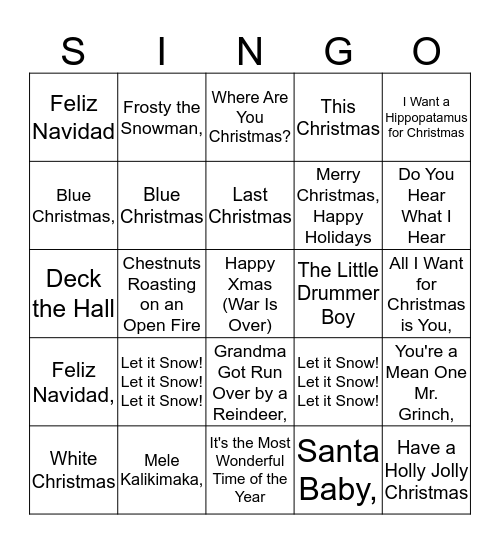 Christmas SINGO!! Bingo Card
