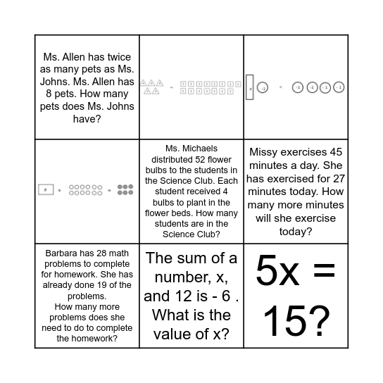 writing Equation and SOLVE  Bingo Card