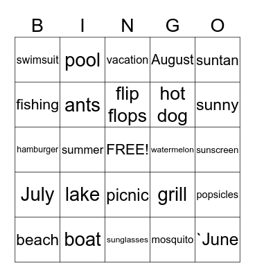 Summer Words Bingo Card