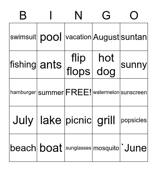 Summer Words Bingo Card