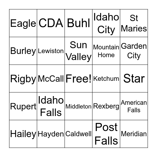 Idaho Towns Bingo Card