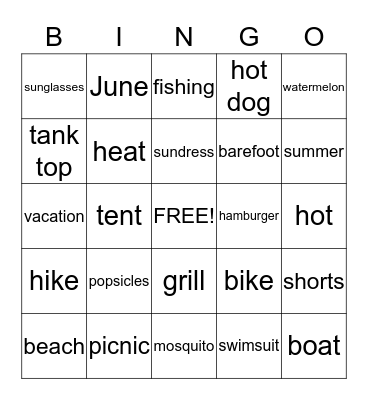 Summer Words Bingo Card