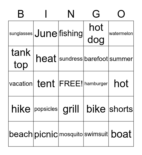 Summer Words Bingo Card