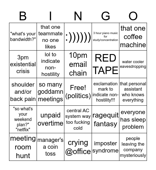 Corporate Rat Bingo Card