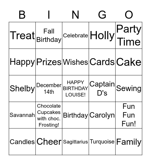 LOUISE'S BIRTHDAY BINDO! Bingo Card