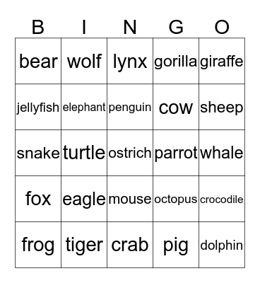 Animals Bingo Card