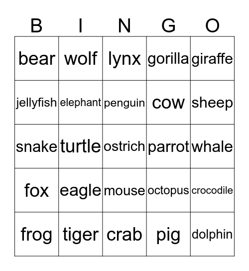 Animals Bingo Card