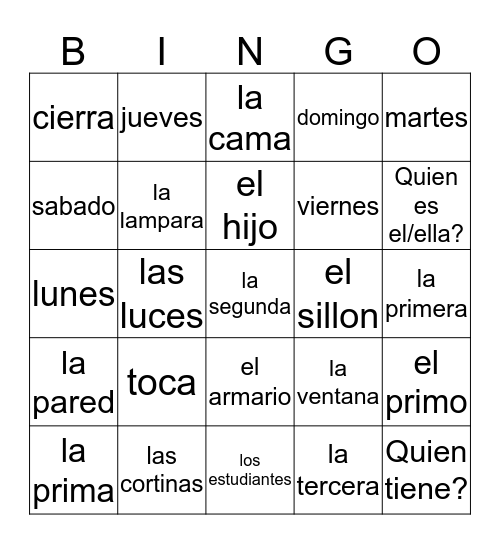 3/4 Spanish Unit 3  Bingo Card