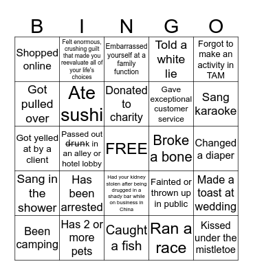2019 Gallen Insurance Holiday Party Life Experience Bingo Card