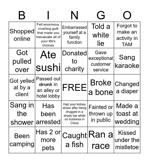 2019 Gallen Insurance Holiday Party Life Experience Bingo Card