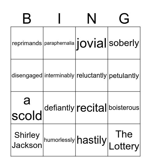 The Lottery Vocabulary BING Bingo Card