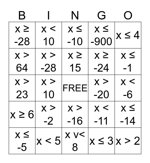 INEQUALITIES Bingo Card