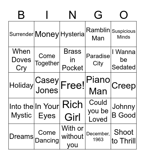 Hall of Fame Bingo Card