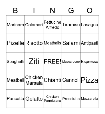 Italian Food BINGO Card