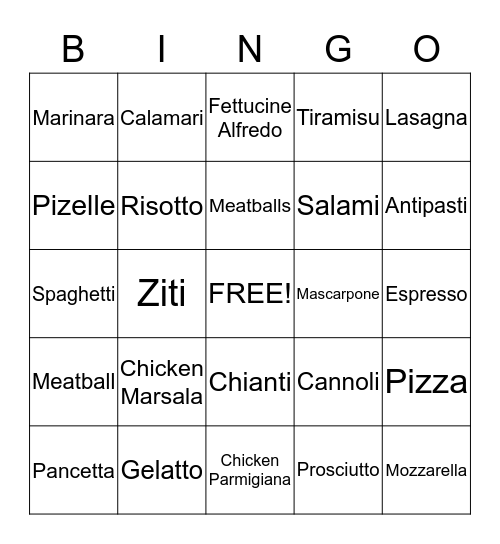 Italian Food BINGO Card