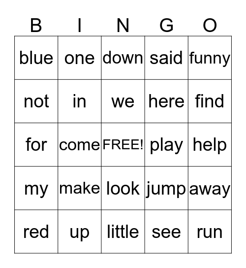 Sight Words Bingo Card