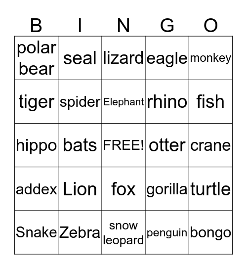 Zoo Bingo Card