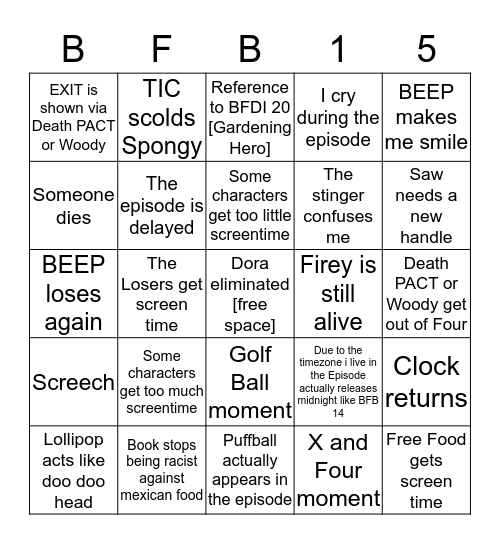 BFB 15 Bingo Card