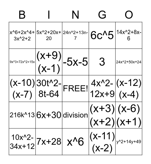 polynomials Bingo Card