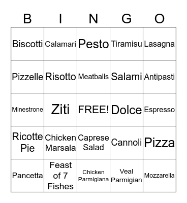 Italian Food BINGO Card