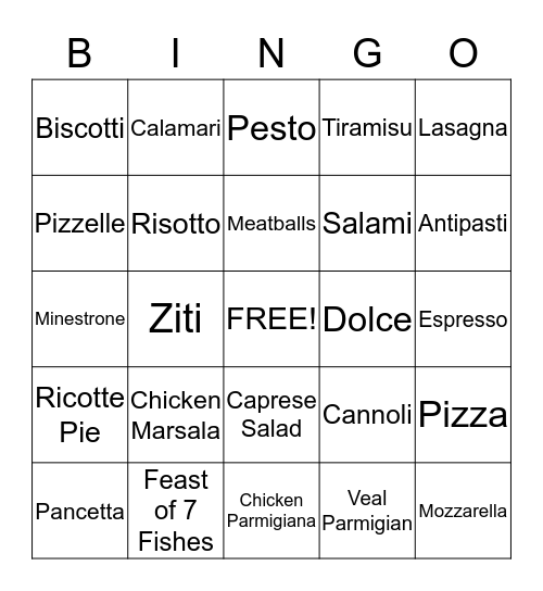 Italian Food BINGO Card