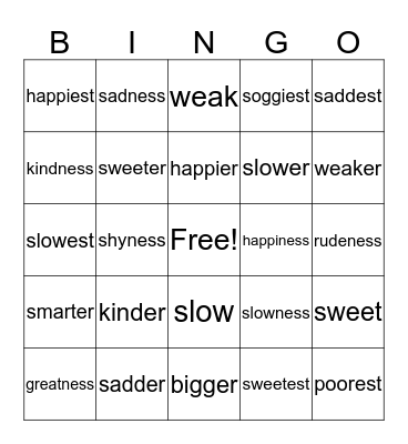 Suffixes -er, -est, and -ness Bingo Card