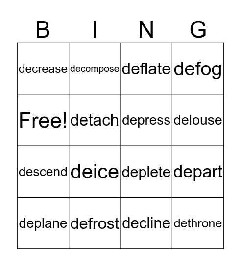 Latin Prefix de- Bingo! Bingo Card