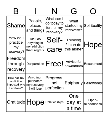 R2R Recovery Bingo Card