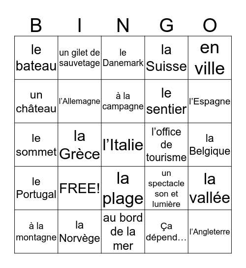 French II Chapitre 10.1 Bingo Card