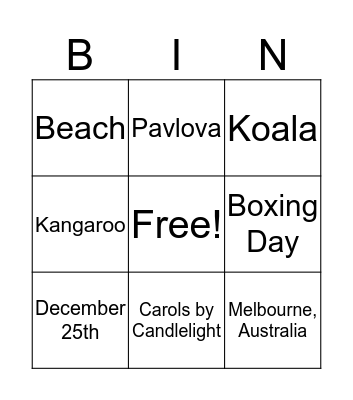 Christmas in Australia Bingo Card