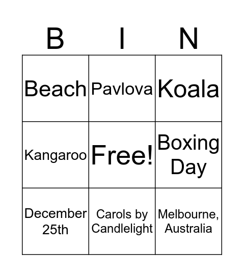 Christmas in Australia Bingo Card