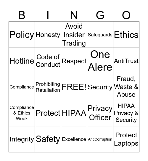 2014 Compliance Awareness Bingo Card