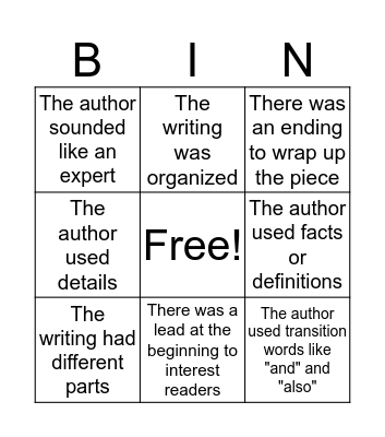 Writing Party Bingo Card