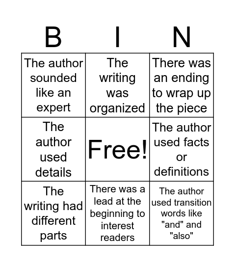 Writing Party Bingo Card