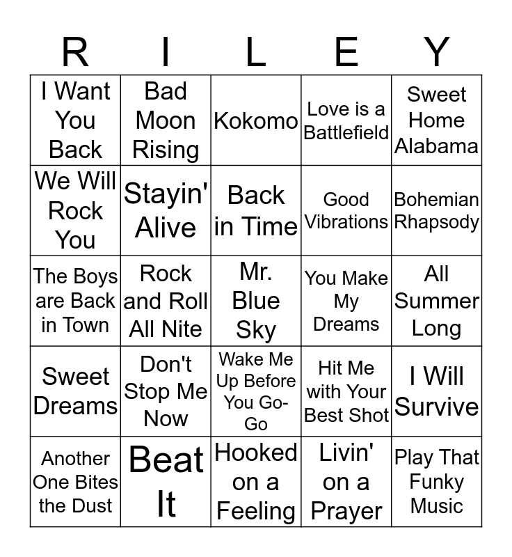 Name That Tune Bingo Card