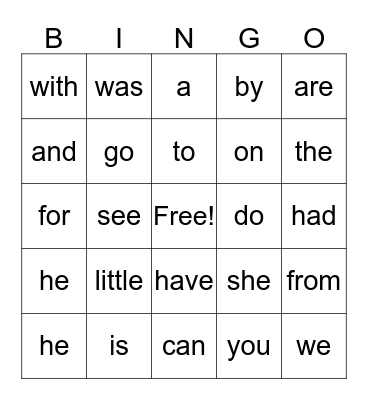SIGHT WORDS Bingo Card