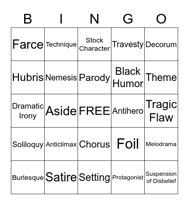 Drama Vocabulary Bingo Card