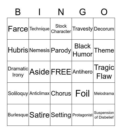 Drama Vocabulary Bingo Card