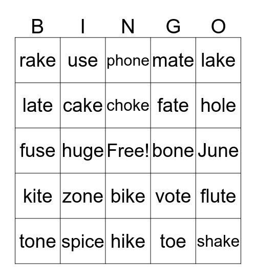 Long Vowel (e) Bingo Card